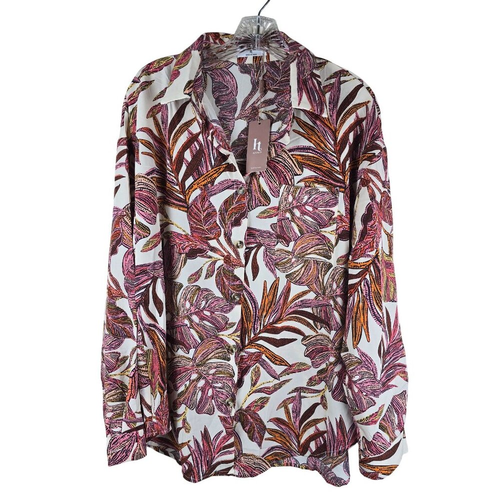 Tropical Hawaiian Print Long Sleeve Button-Up‎ Blouse Casual Fit Large